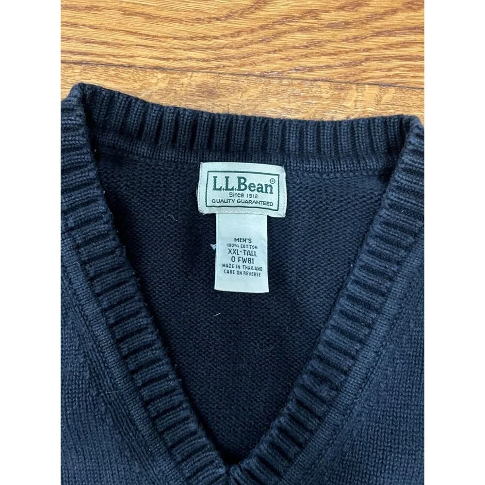 LL Bean Sweater Vest Men's Size XL Tall XLT Black Sleeveless V Neckline Cotton